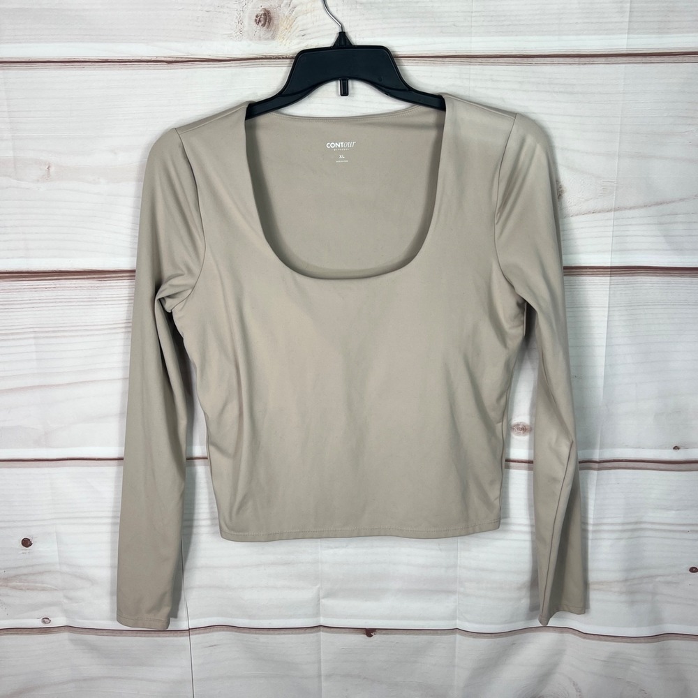 Contour By Pacsun Top Womens XL Beige Scoop‎ Neck Crop T-Shirt Shelf Bra Padded